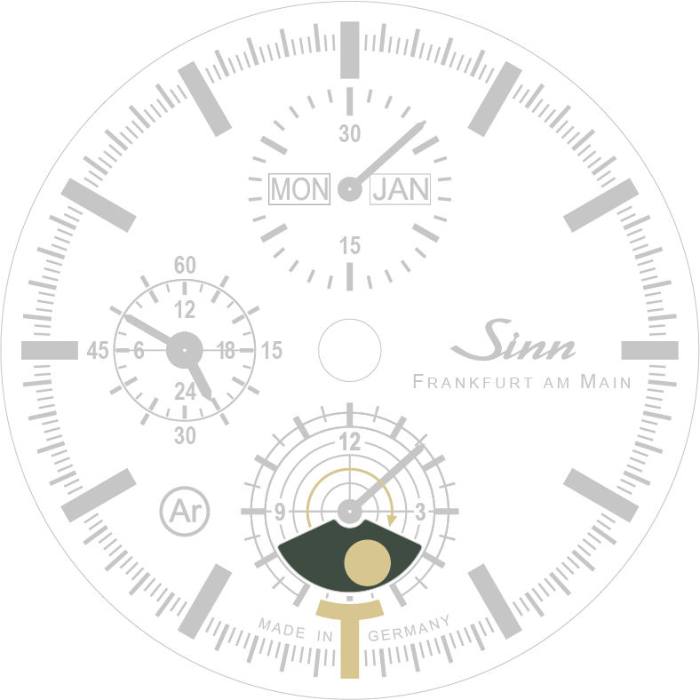Détail du cadran d’une montre de chasse Sinn avec indication des phases de lune ; la lune croissante est marquée dans l’ouverture inférieure.